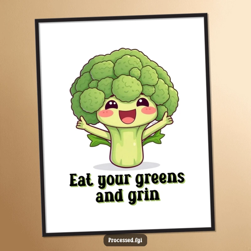 Funny Free Printable Wall Art: A cheerful broccoli floret excitedly waving its leaves, adding humor to any room.