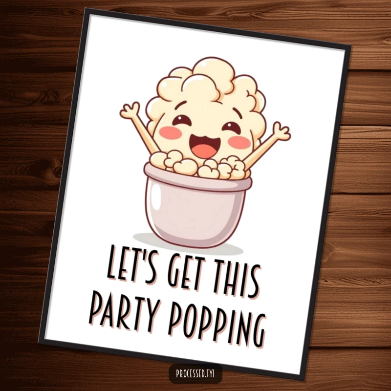 Funny Free Printable Wall Art: A jovial popcorn character energetically popping out of a tiny pot, bringing joy.