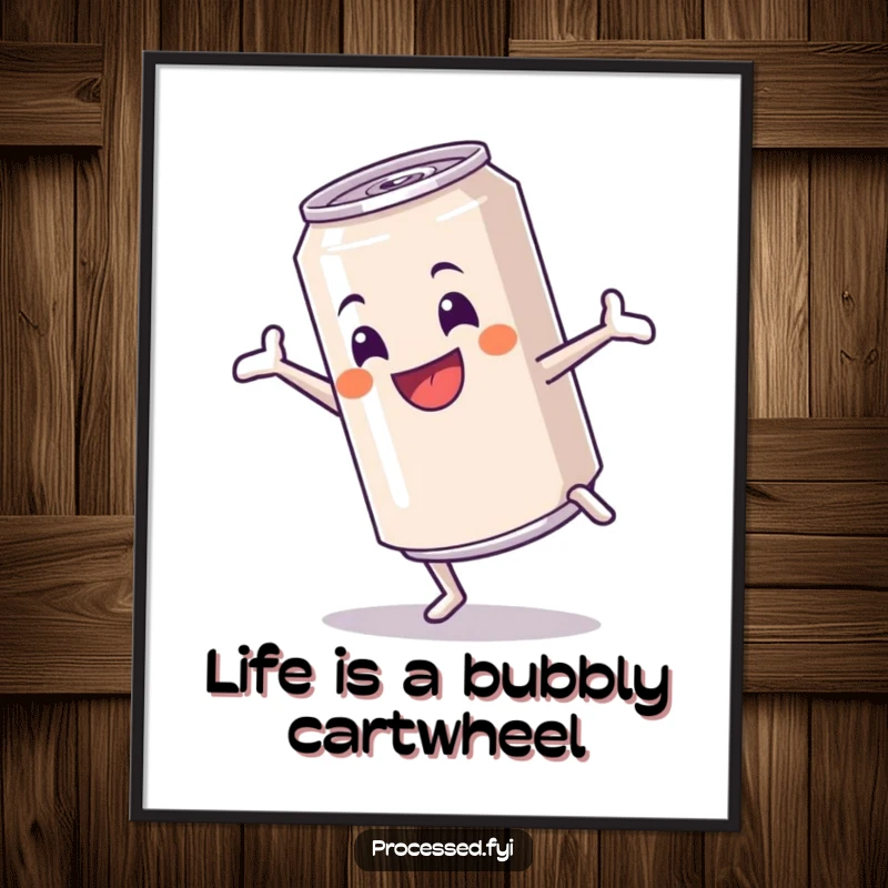 Funny Free Printable Wall Art of a cheerful anthropomorphic soda can performing a cartwheel with a wide, happy grin.