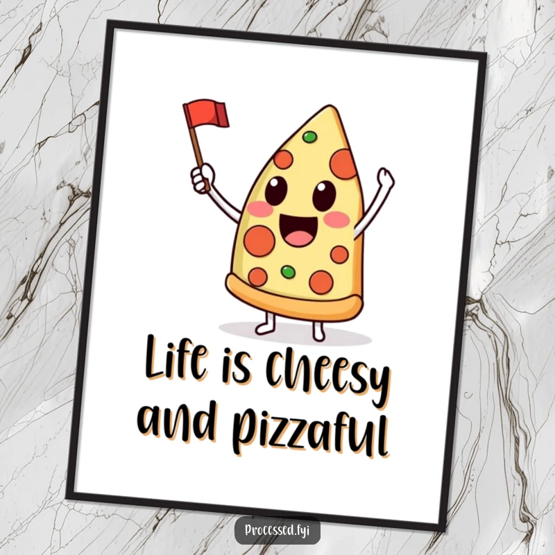 Funny Free Printable Wall Art: A happy pizza slice joyfully waving a small, festive flag. Fun downloadable art.