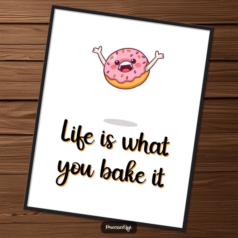 Funny Free Printable Wall Art: a smiling donut adorned with sprinkles, captured mid-air in a jubilant, high leap.