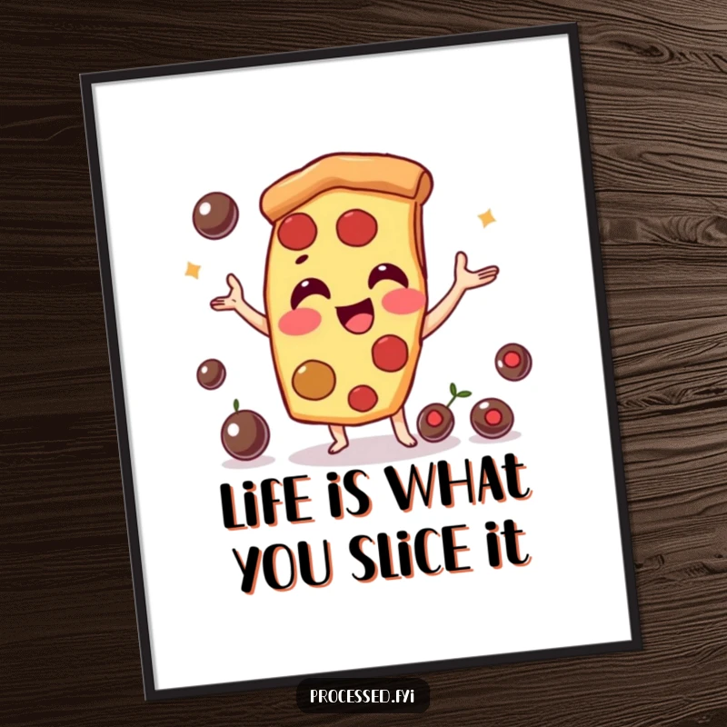 Funny Free Printable Wall Art: A playful pizza slice character smiling while juggling several olives, looking fun.