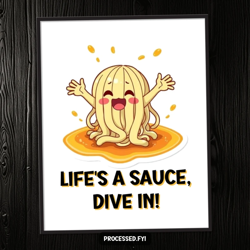 Funny free printable wall art: a wacky noodle gleefully splashing arms in a puddle of sauce.