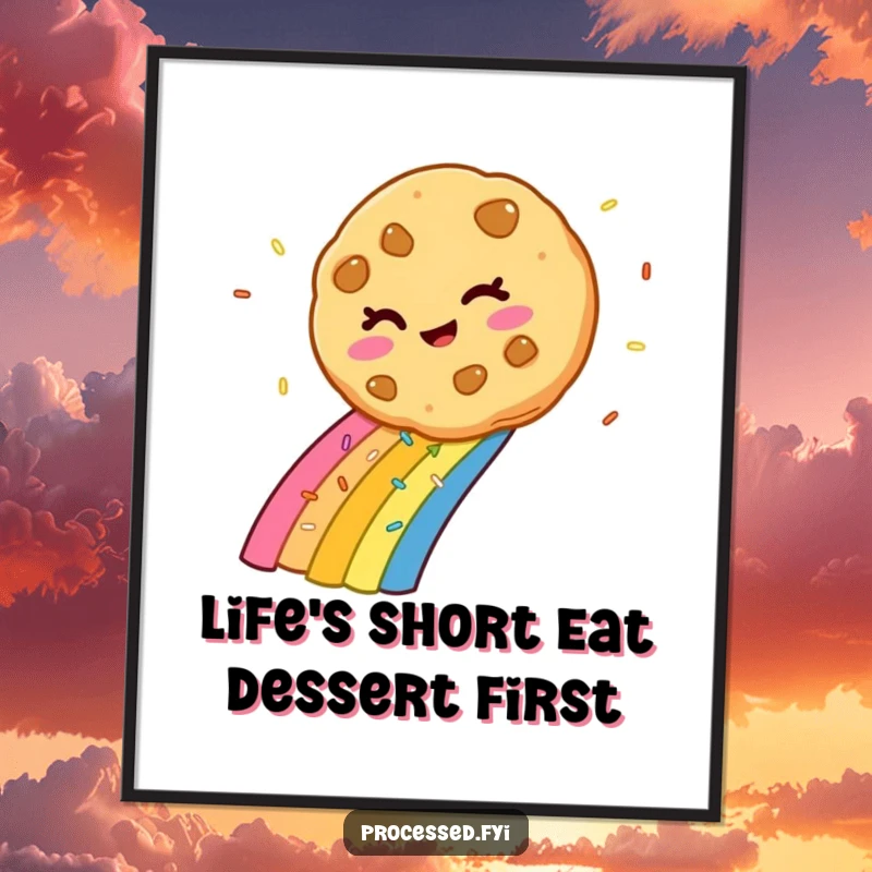 Funny Free Printable Wall Art: A winking cookie slides down a vibrant rainbow made of colorful sprinkles, adding playful charm.