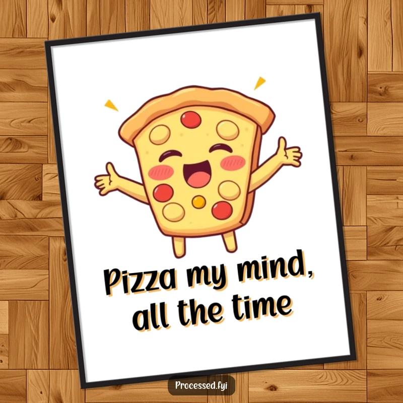 Funny Free Printable Wall Art: A beaming pizza slice with arms outstretched, giggling with pure delight.