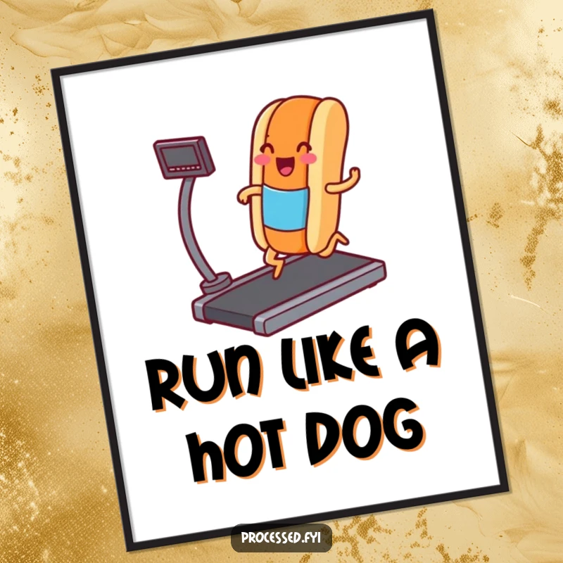 Funny Free Printable Wall Art: A smiling hot dog with legs enthusiastically jogging on a treadmill, full of energy.