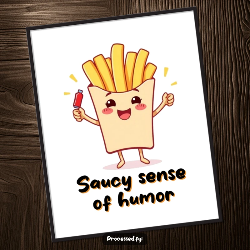 Funny free printable wall art of a cheerful french fry with tiny arms and face, juggling miniature ketchup bottles.