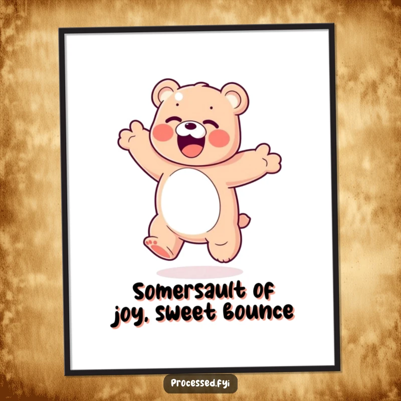 Funny Free Printable Wall Art: A bouncy gummy bear with exaggerated joy, performing a happy somersault, adding vibrant decor.