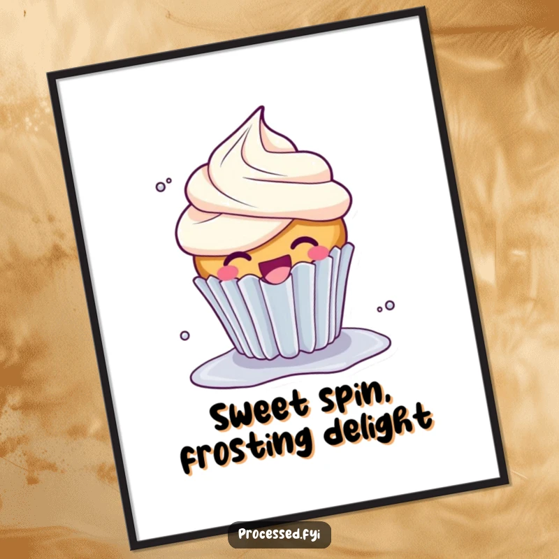 Funny Free Printable Wall Art: A giggling cupcake with overflowing frosting spinning playfully, adding cheerful decor.