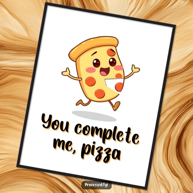 Funny Free Printable Wall Art: A hopping pizza slice character with a missing piece, looking excited and delicious!