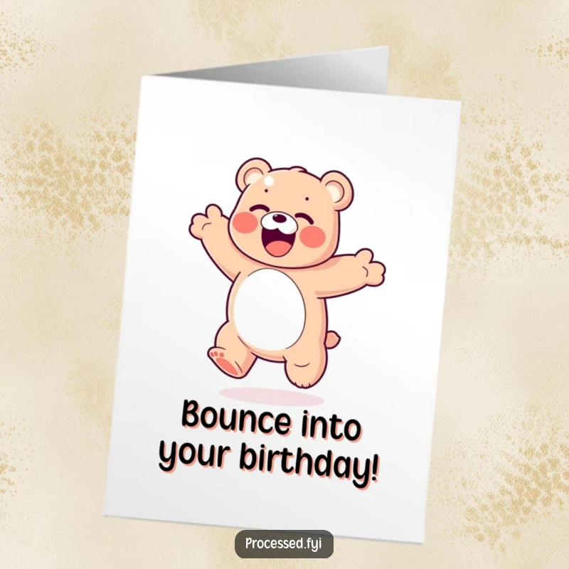 Funny Free Printable Birthday Card: A bouncy gummy bear with exaggerated joy, performing a happy somersault.