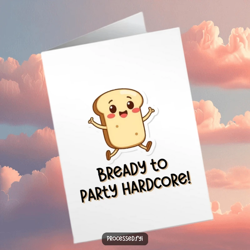 Funny Free Printable Birthday Card: A happy bread roll with legs joyfully skipping, spreading birthday cheer. Perfect DIY downloadable gift.