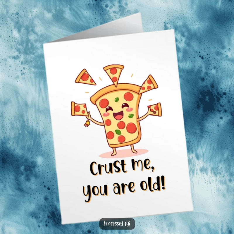 Funny Free Printable pizza slice juggling pepperoni with a happy face, perfect for a birthday card.