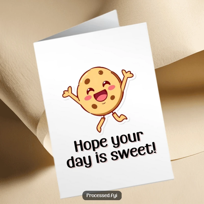 Funny Free Printable Birthday Card: A beaming cookie character leaping joyfully into the air, celebrating a birthday.