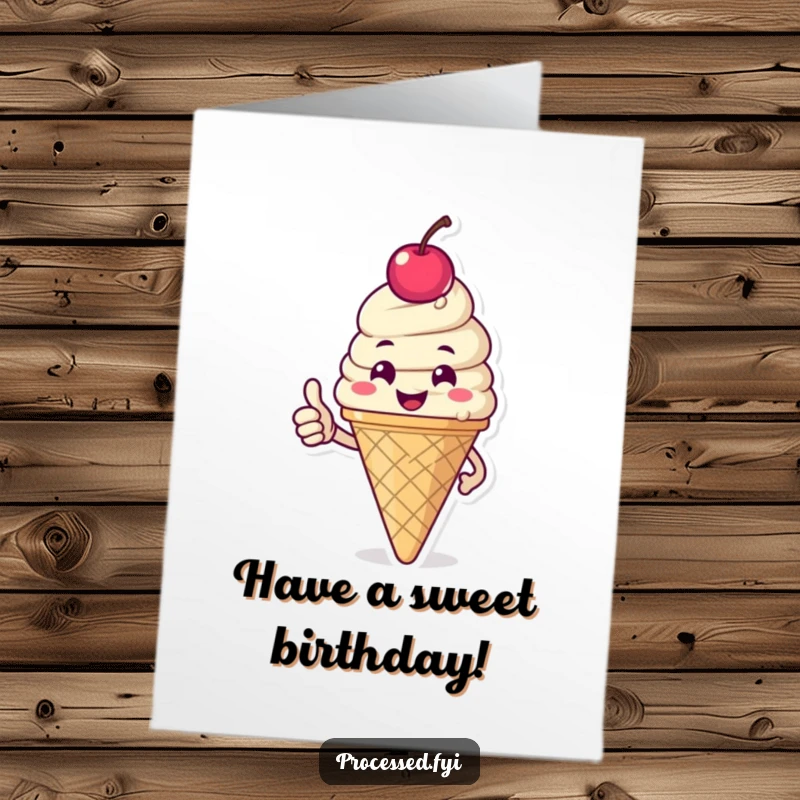 Funny Free Printable Birthday Card: Happy ice cream cone with cherry on top giving a cheerful thumbs-up.