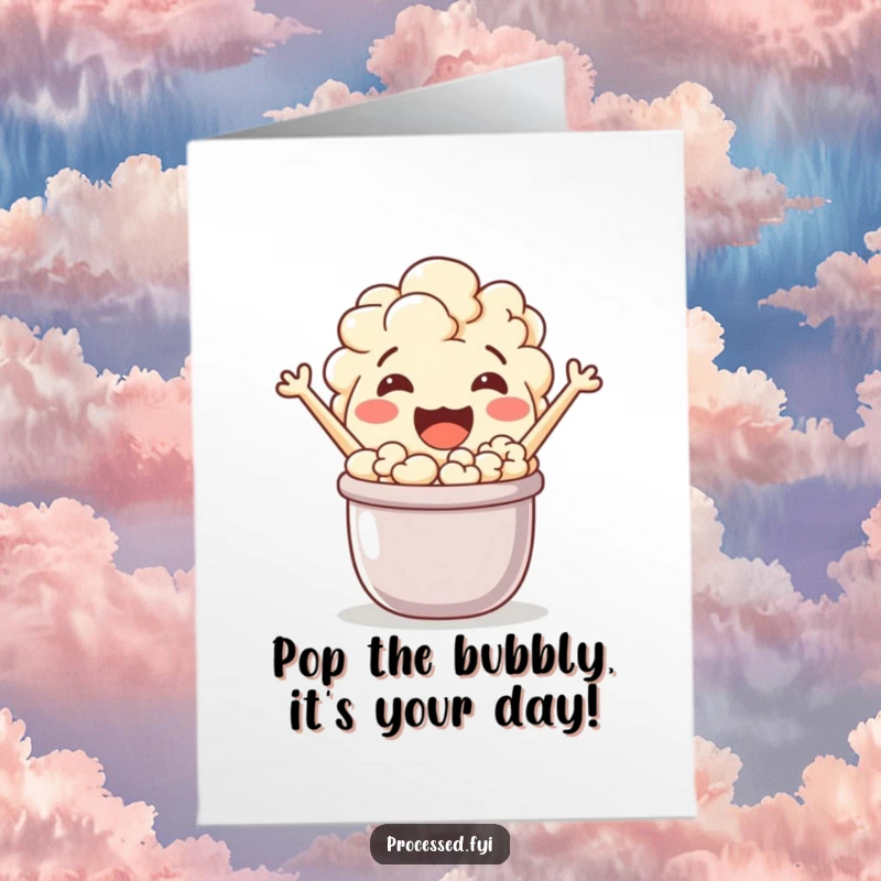 Funny Free Printable Birthday Card: Jovial popcorn character popping enthusiastically out of a tiny pot, celebrating a birthday.