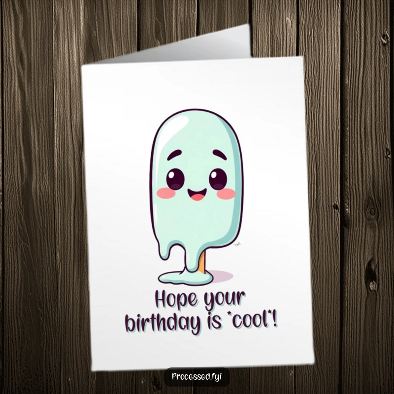Funny Free Printable Birthday Card: A curious popsicle character melting slightly with a happy, surprised expression, celebrating.