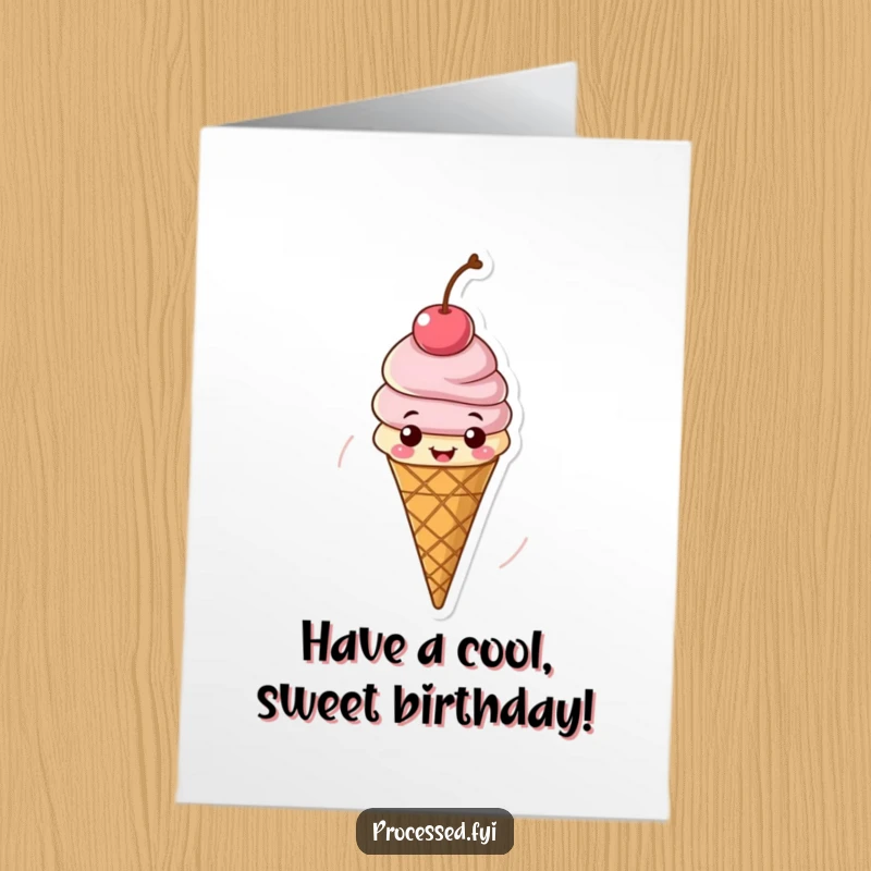 Funny Free Printable Birthday Card featuring a cheerful ice cream cone with a cherry on top, spinning with glee.