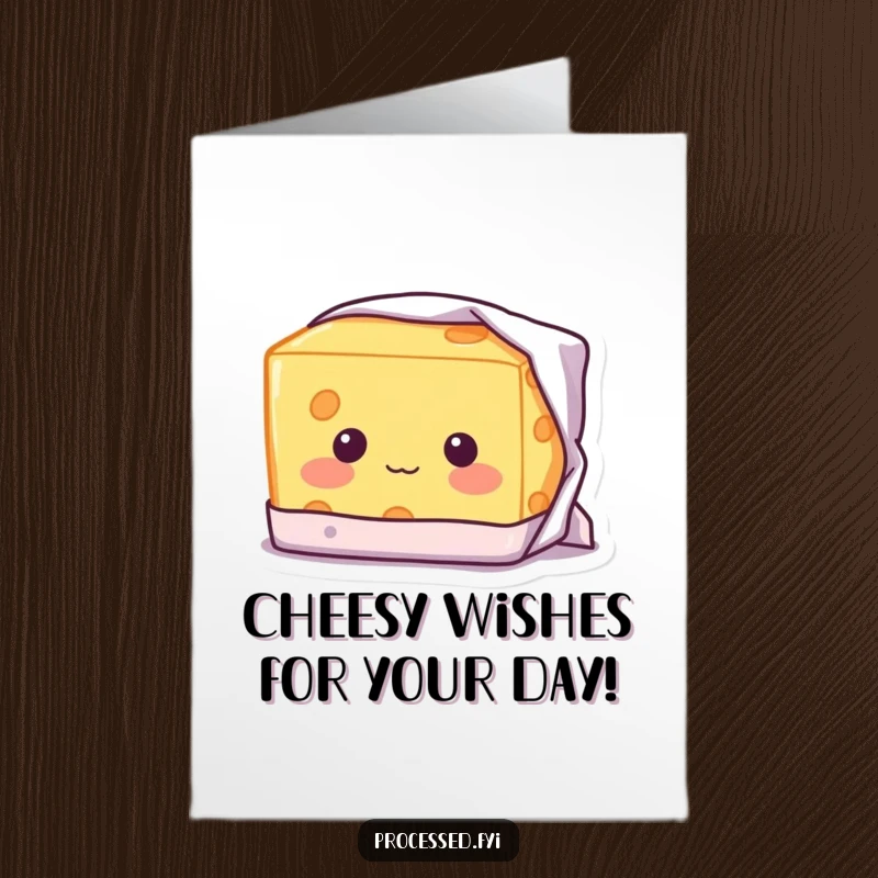 Funny Free Printable Birthday Card: A blushing block of cheese with a shy smile, peeking adorably from its wrapper.