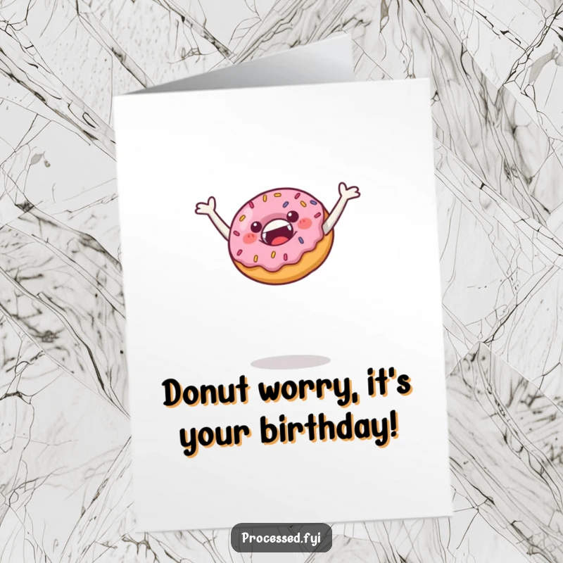 Funny Free Printable Birthday Card: a jubilant donut covered in sprinkles leaping joyfully high in the air, celebrating a birthday.