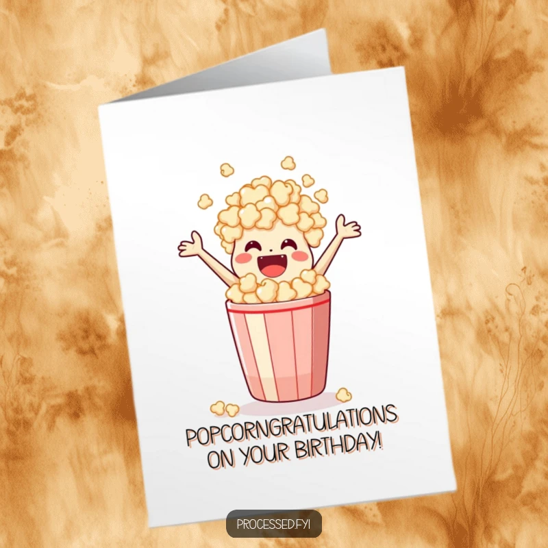 Funny Free Printable Birthday Card: A jubilant popcorn bag leaping energetically from its container for a birthday surprise.