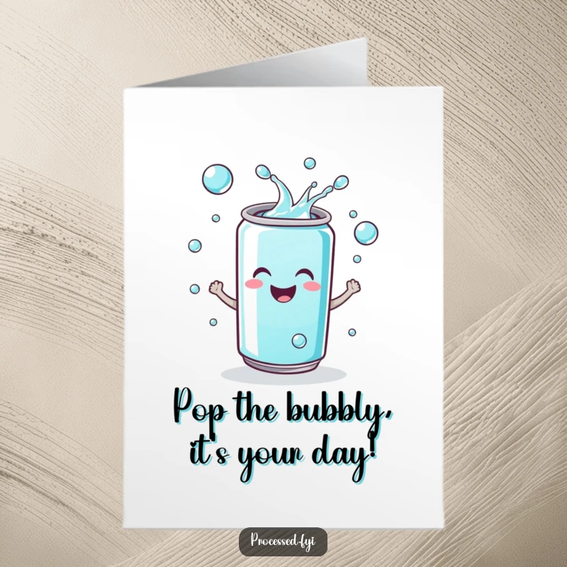 Funny Free Printable Soda Can Birthday Card: Smiley can juggling fizzy drops, perfect for a lighthearted DIY gift.