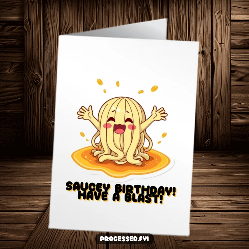 Funny free printable birthday card featuring a wacky noodle flailing arms in a sauce puddle, ready to party.