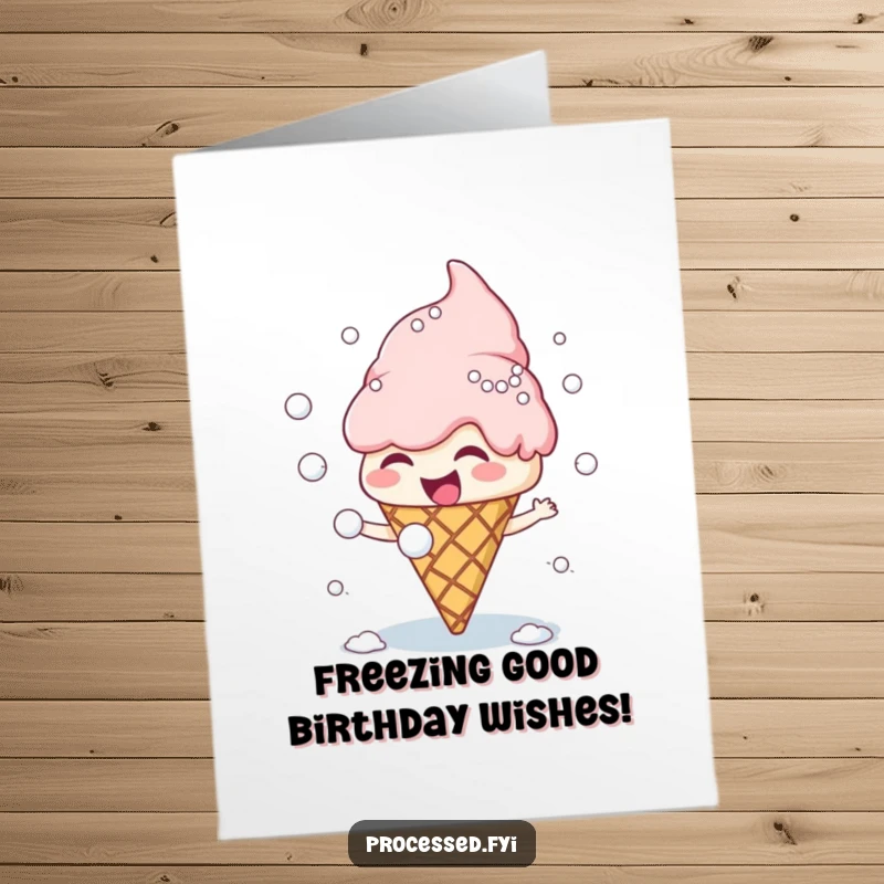 Funny free printable birthday card featuring a giggling ice cream cone and snowball fight, perfect for a cool celebration.