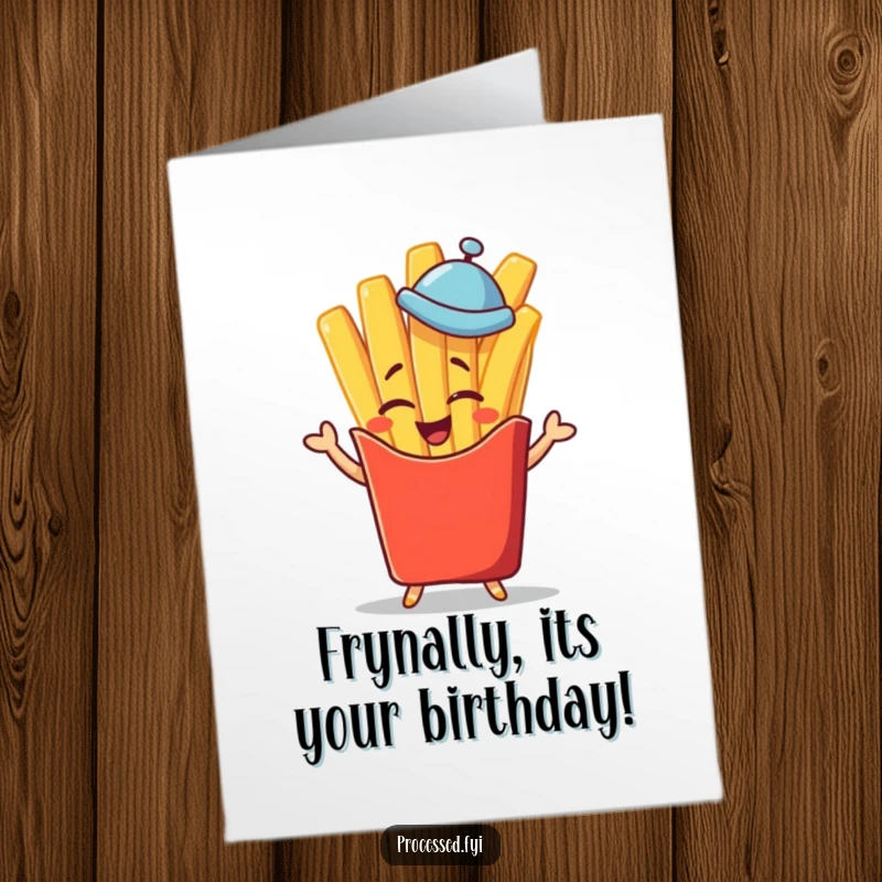 Funny free printable birthday card: a winking french fry character in a tiny hat saluting jauntily.