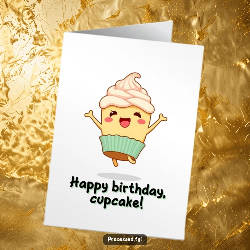 Funny Free Printable Birthday Card: A happy cupcake with frosting, performing a joyful cartwheel, celebrating a birthday with flair.