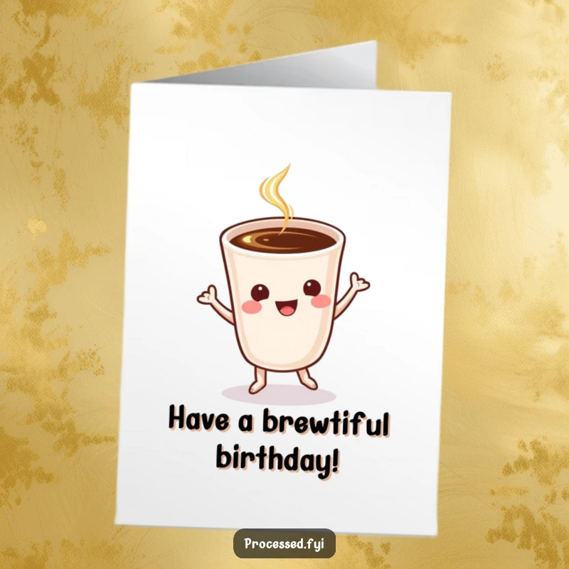 Funny Free Printable Birthday Card: A cheerful coffee cup performs a lively jig, radiating caffeine-fueled birthday excitement.