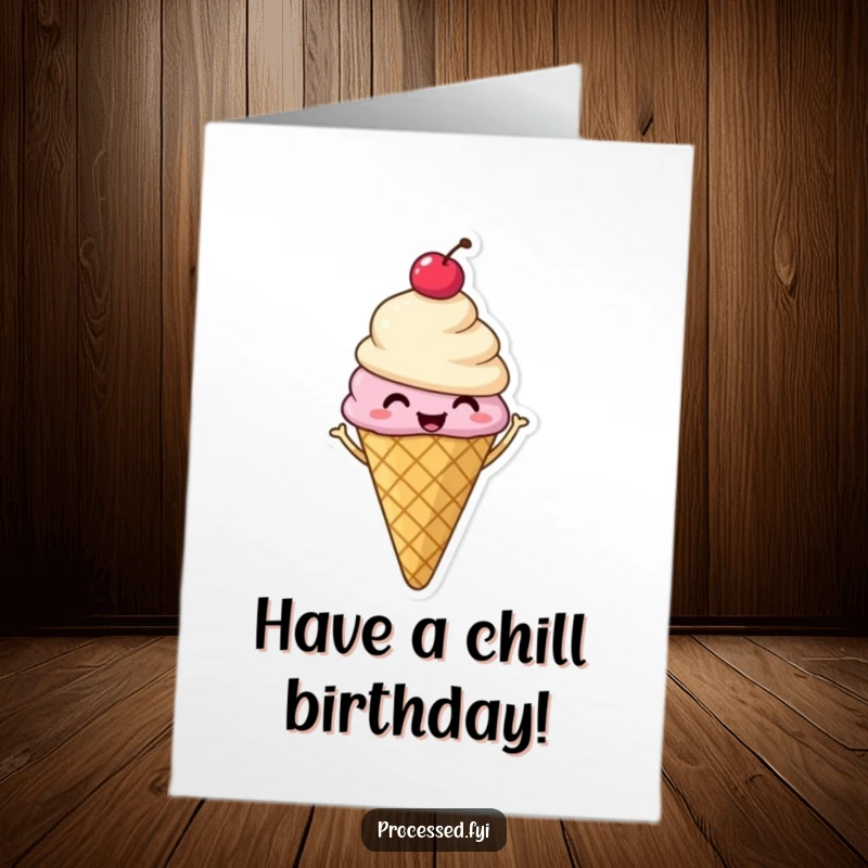 Funny Free Printable Birthday Card: A smiling ice cream cone topped with a cherry, doing a joyful shimmy, celebrating a birthday.
