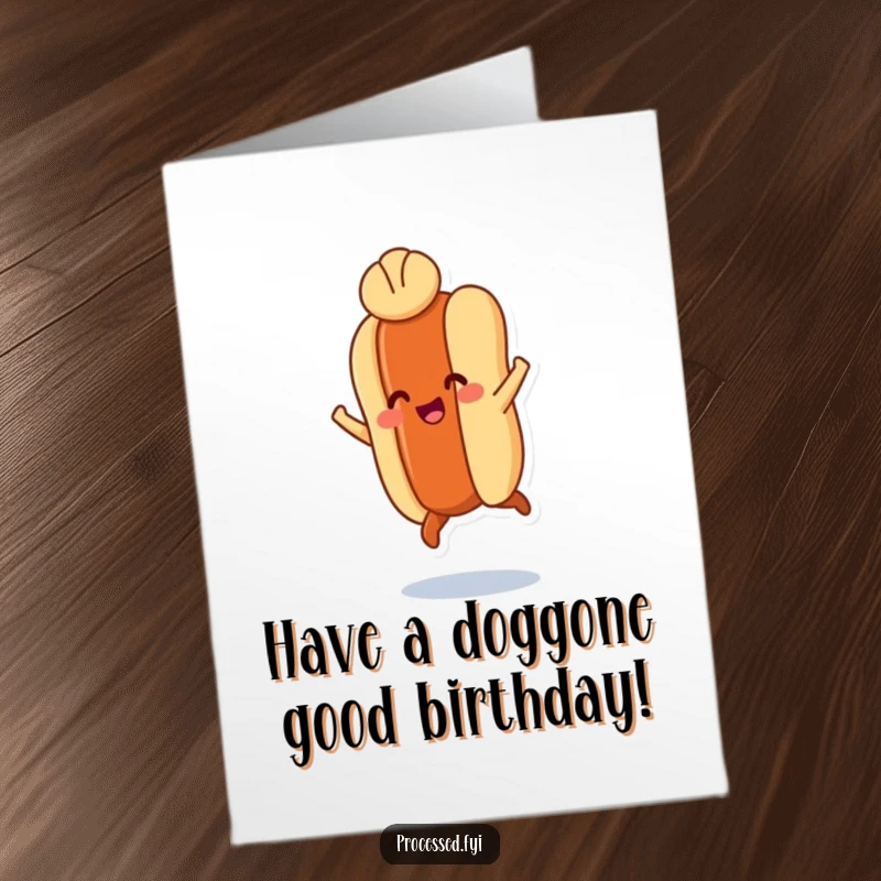 Funny free printable birthday card showing a smiling hot dog with tiny legs joyfully leaping, a bun atop its head.