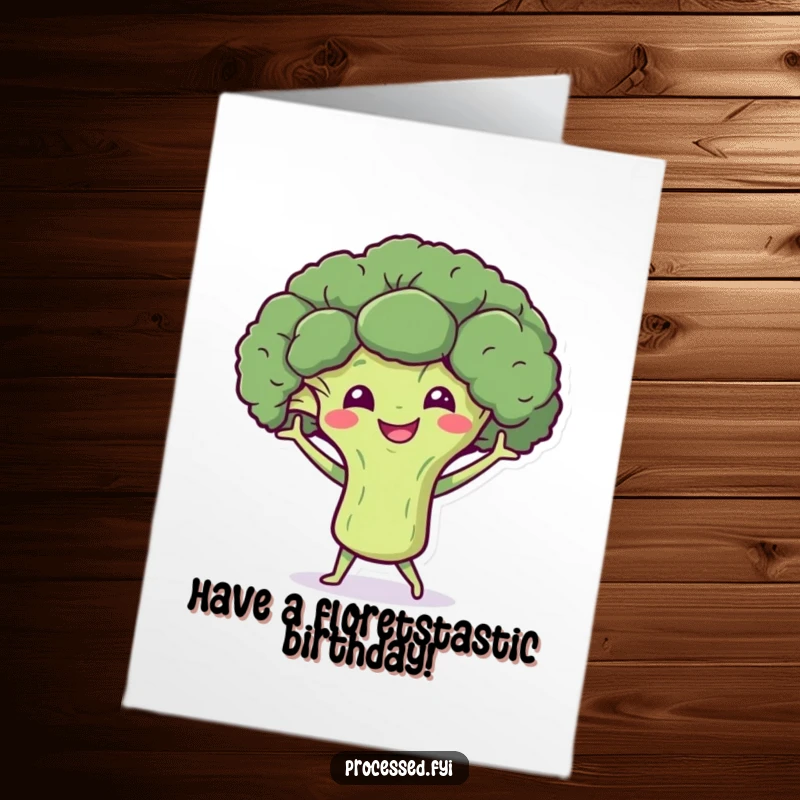 Funny Free Printable Birthday Card: Smiling broccoli character doing a joyful dance with tiny arms.