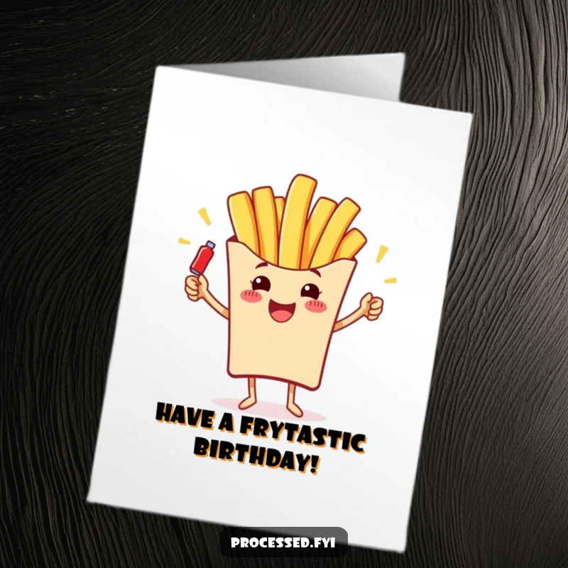 Funny free printable birthday card featuring a cheerful french fry with arms juggling miniature ketchup bottles with a happy face.