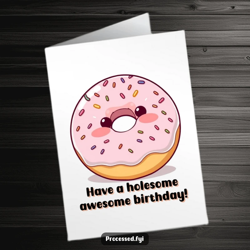 Funny Free Printable Birthday Card: A plump, blushing donut with sprinkles bouncing enthusiastically for a happy celebration.