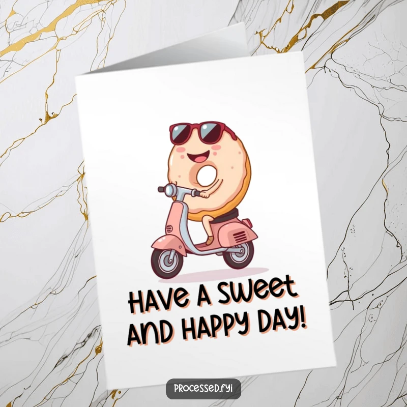 Funny Free Printable smiling donut wearing sunglasses riding a tiny scooter, perfect for a birthday.