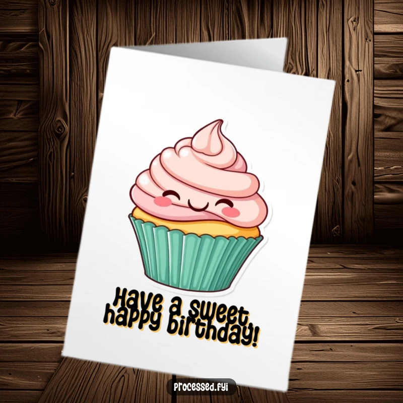 Funny Free Printable Birthday Card featuring a smiling cupcake with elaborate frosting swirls, hopping with pure delight.