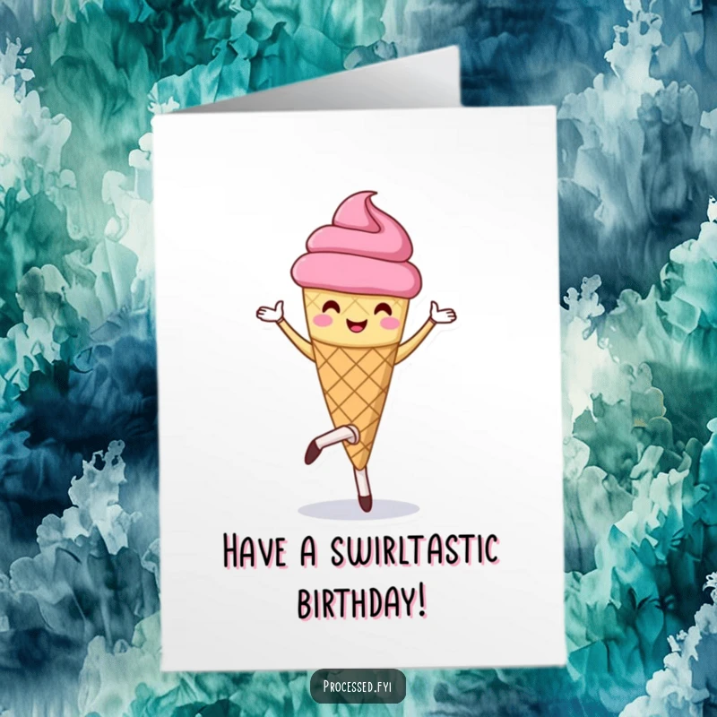 Funny free printable birthday card of a cheerful ice cream cone gracefully performing a pirouette, full of sweet celebration.