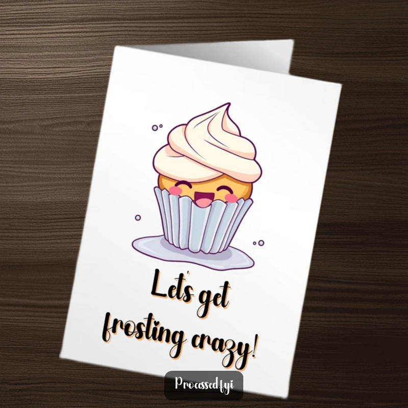 Funny Free Printable Birthday Card: A giggling cupcake with overflowing frosting spinning playfully, wishing a happy birthday.