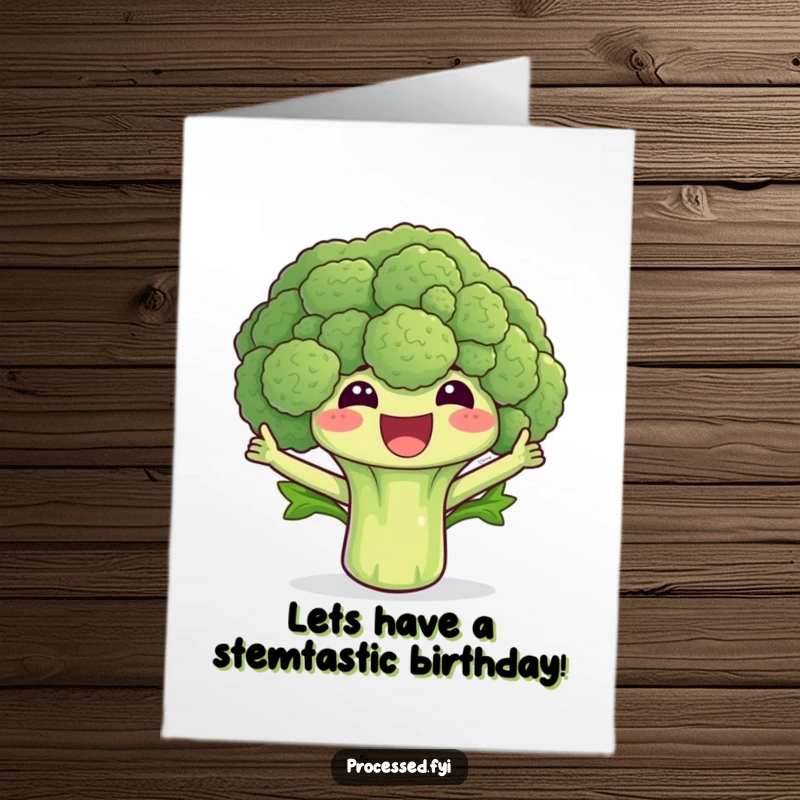 Funny Free Printable Birthday Card: A cheerful broccoli floret excitedly waving its leaves, spreading birthday joy.
