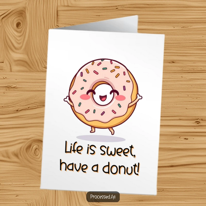 Funny Free Printable Birthday Card: A grinning donut character with colorful sprinkles doing a joyful little dance.