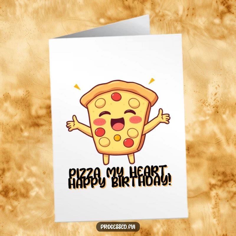 Funny Free Printable Birthday Card: A beaming pizza slice with arms out, giggling joyfully.