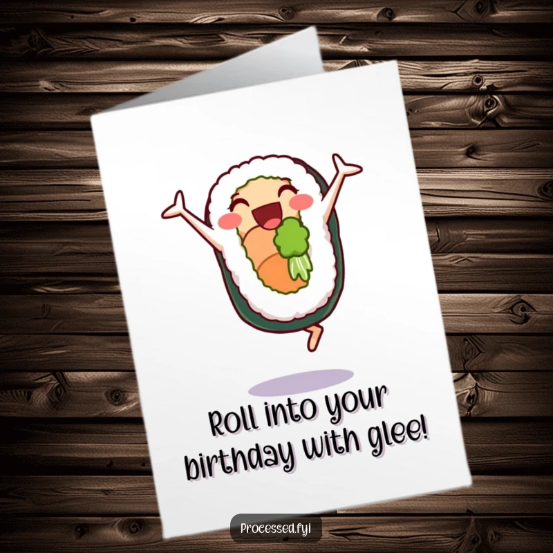 Funny Free Printable Birthday Card: A delighted sushi roll character doing cartwheels with pure glee and happiness.