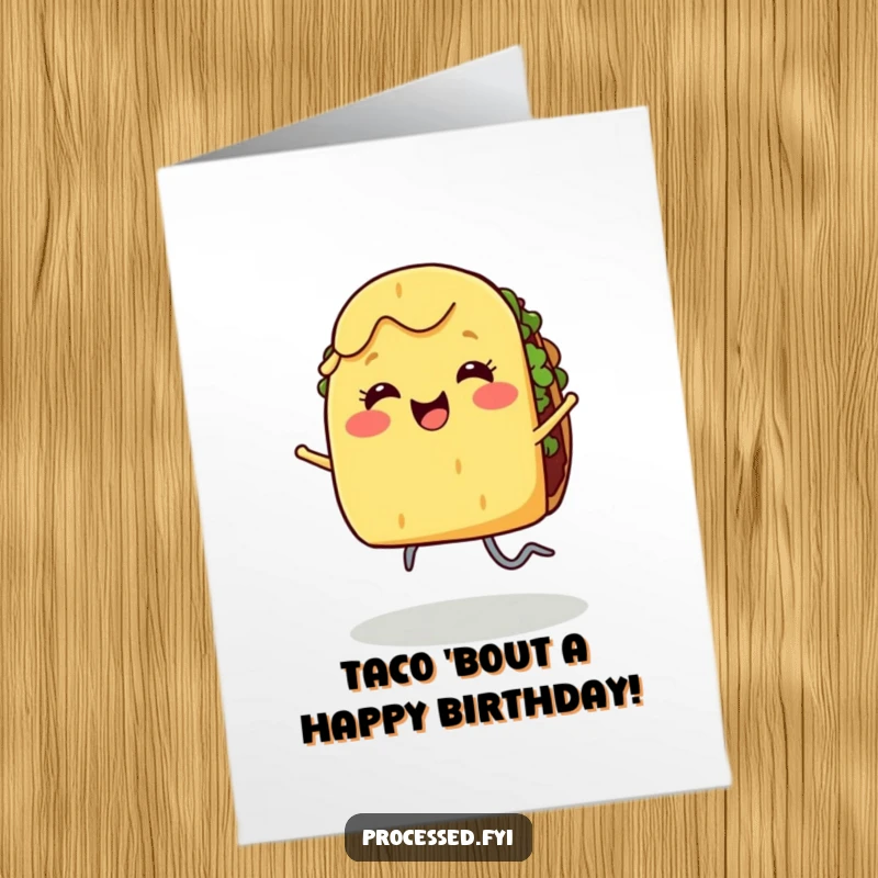 Funny Free Printable Birthday Card: Smiling taco with legs does a joyful dance, celebrating happily.