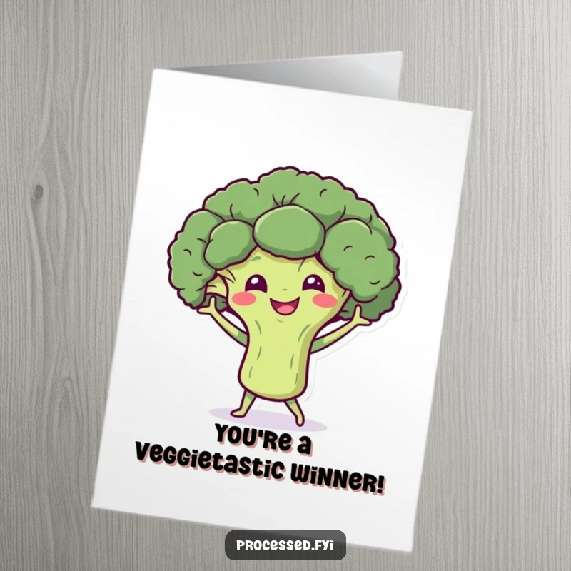 Funny Free Printable Congratulations Card: Smiling broccoli character energetically dancing with tiny arms.