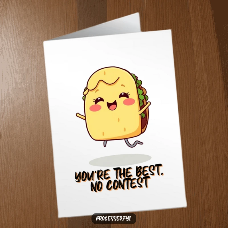 Funny Free Printable Congratulations Card: A smiling taco with legs performs a joyful dance, perfect for celebrating good news.