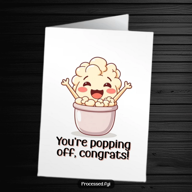 Funny Free Printable Congrats Card: A jovial popcorn character bursting with excitement from a small pot, celebrating.