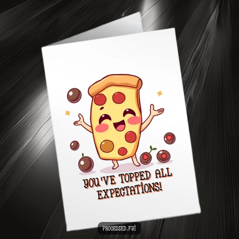 Funny Free Printable Congrats Card: A smiling pizza slice character expertly juggling olives, conveying congratulations.