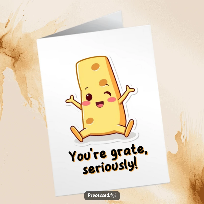 Funny Free Printable Congrats Card: A happy cheese wedge character performing a split with a surprised grin, celebrating.